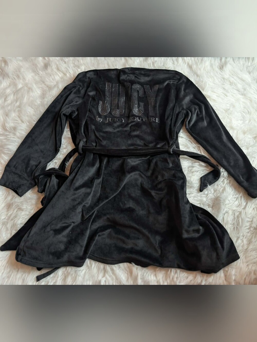 Juicy Couture Black Velour Robe with Embellished Back Logo Y2K 2000s Rhinestone